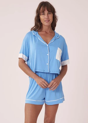 Anna Kock - Pijama Americano Cropped Long Azul - ANNA KOCK