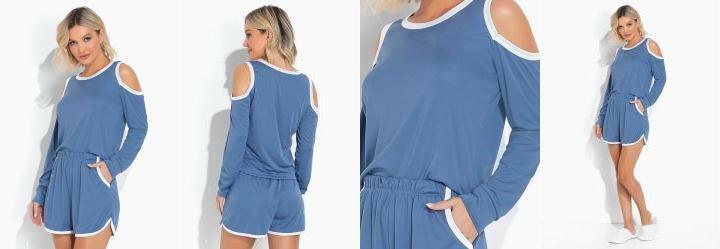 Conjunto Manga Longa com Recortes Azul