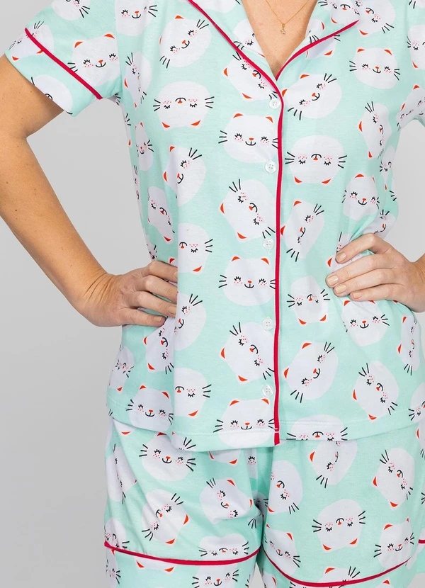 Piante Pijamas - Pijama Americano Algodão Filete Gatinhos Verde 7