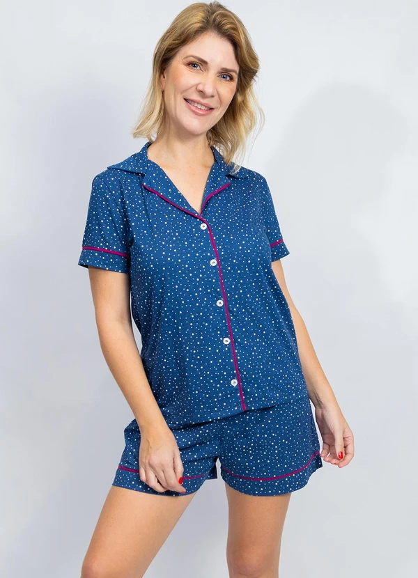 Piante Pijamas - Pijama Americano Algodão Filete Poá Marinho
