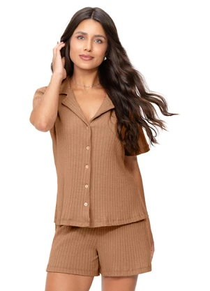 Zee Rucci - Pijama Americano Feminino Curto Canelado Bege - ZEE RUCCI