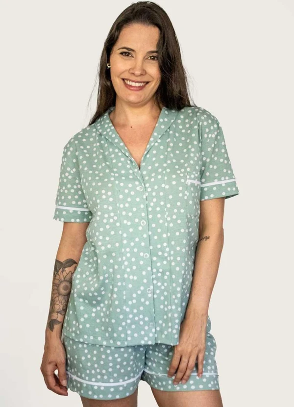 Piante Pijamas - Pijama Americano Manga Curta Algodão Poá Verde