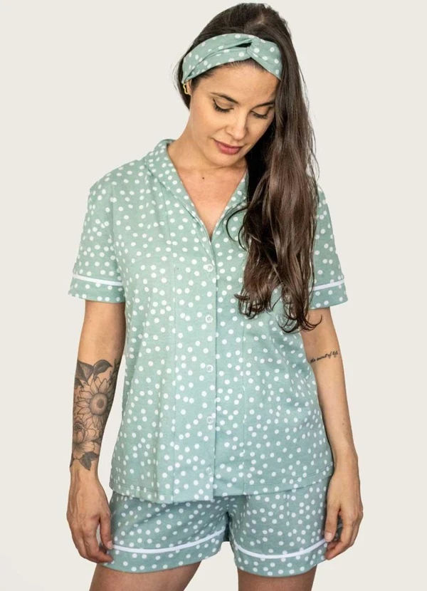 Piante Pijamas - Pijama Americano Manga Curta Algodão Poá Verde 3