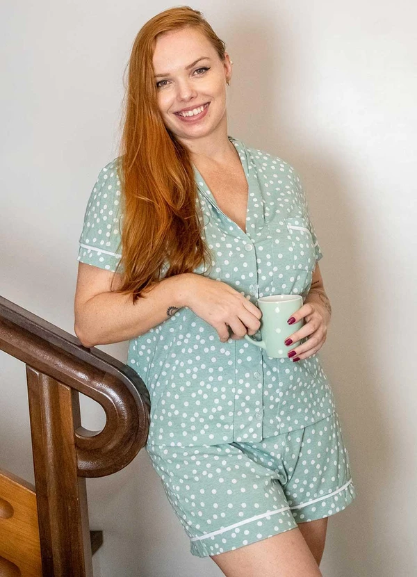 Piante Pijamas - Pijama Americano Manga Curta Algodão Poá Verde 2
