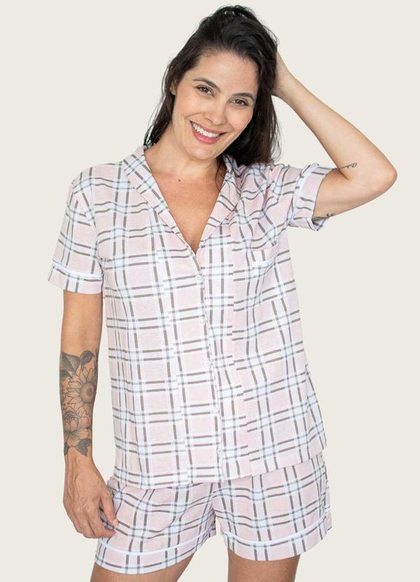 Piante Pijamas - Pijama Americano Manga Curta Algodão Xadrez Rosa
