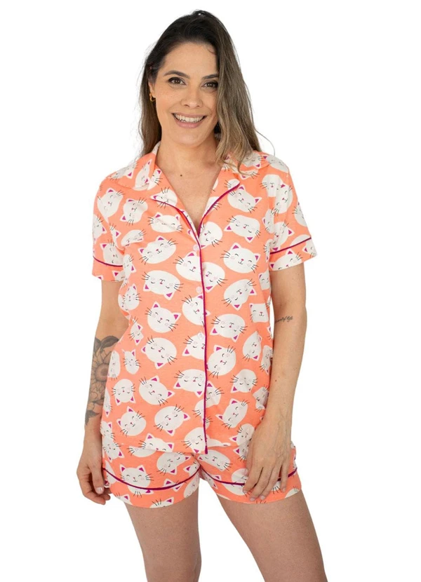 Piante Pijamas - Pijama Americano Manga Curta Gatinhos Coral 1
