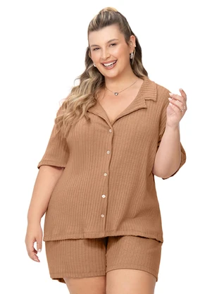 Zee Rucci - Pijama Americano Plus Curto Canelado Bege - ZEE RUCCI