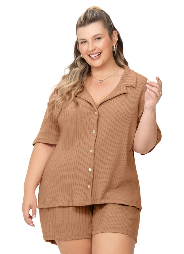 Zee Rucci - Pijama Americano Plus Curto Canelado Bege