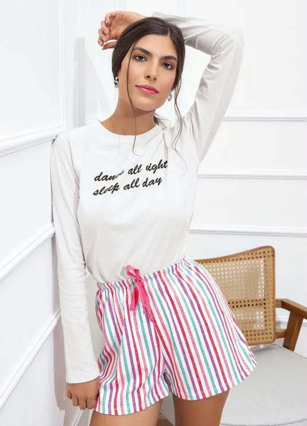 Alma Dolce - Pijama Blusa Manga Longa e Shorts Listrado