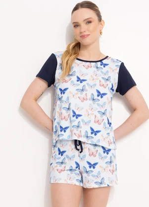 Alma Dolce - Pijama Borboleta Azul em Malha Suede - ALMA DOLCE