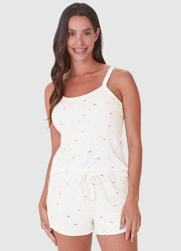 Malwee - Pijama Branco Curto Geométrico Canelado