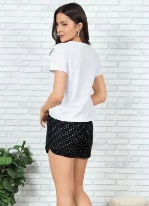 Alma Dolce - Pijama Branco e Preto com Babado na Blusa - ALMA DOLCE