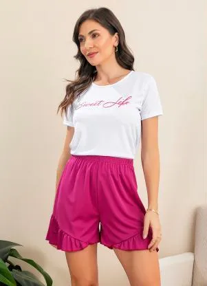 Alma Dolce - Pijama com Babado Branco e Pink - ALMA DOLCE