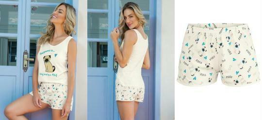 Pijama Curto Bege e Estampado