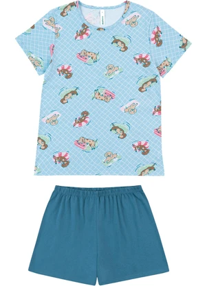 Malwee - Pijama Curto Cachorros na Piscina Azul Petróleo - MALWEE