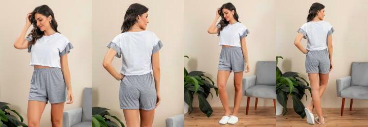 Pijama Curto com Babado Mescla e Branco