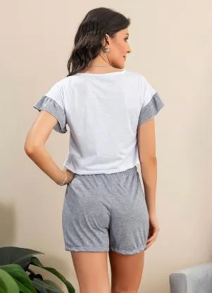 Alma Dolce - Pijama Curto com Babado Mescla e Branco - ALMA DOLCE