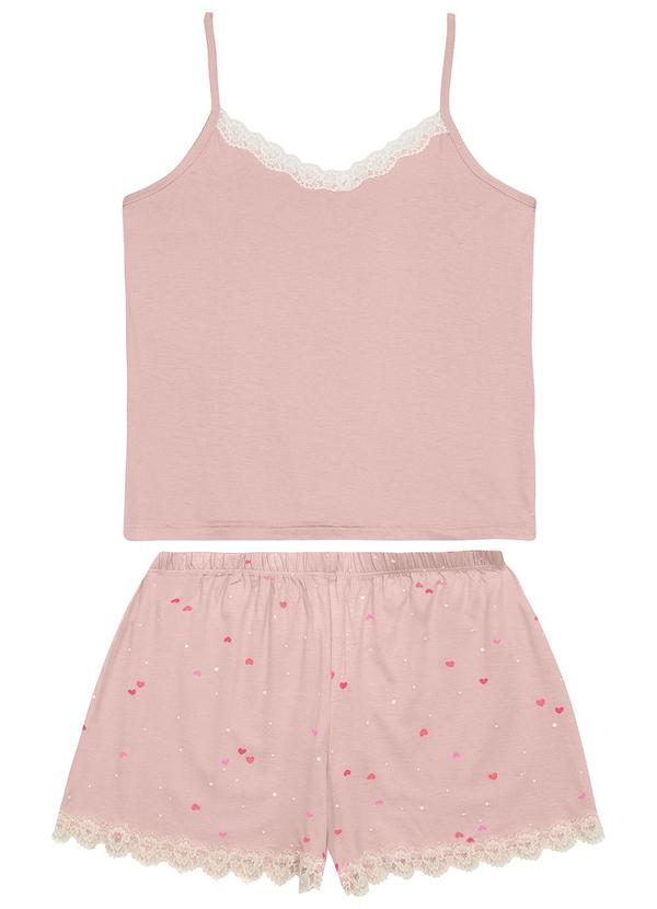 Malwee - Pijama Curto com Renda e Corações Rosê