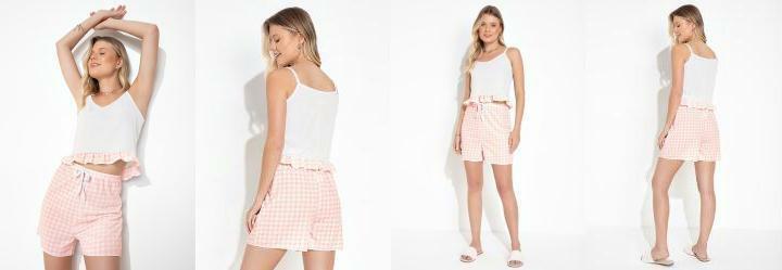 Pijama Curto com Shorts Estampado Vichy Rosa