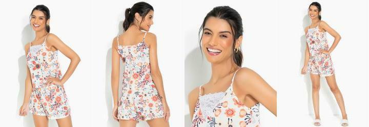 Pijama Curto de Alcinha Floral Bege