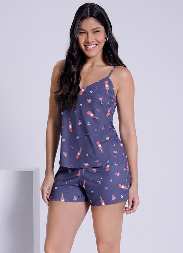 Lunender - Pijama Curto em Malha Aveludada Estampado Azul