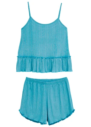 Malwee - Pijama Curto em Malha Canelada Azul Pastel - MALWEE