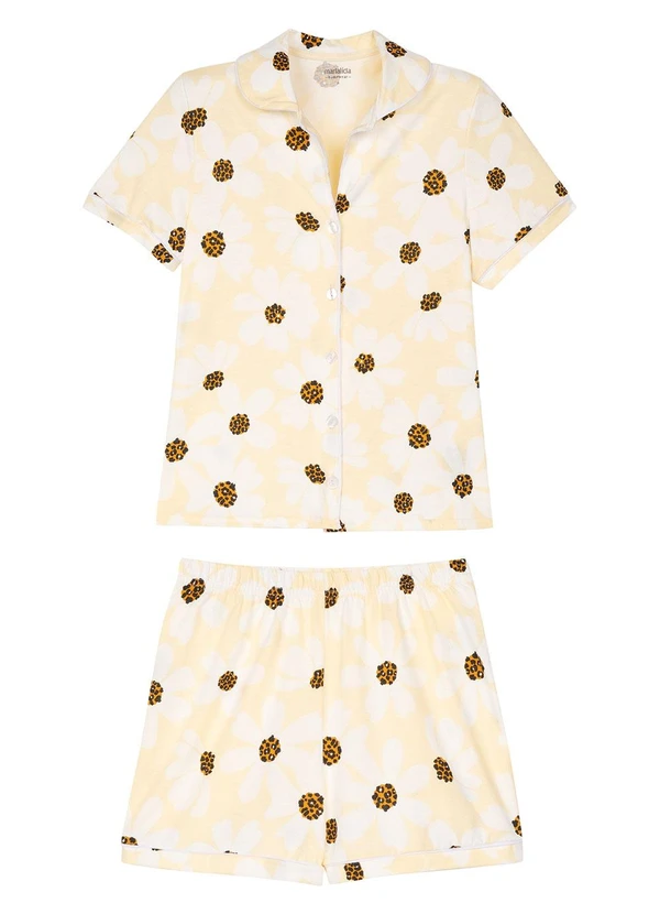 Marialícia - Pijama Curto Feminino Botões Amarelo 4