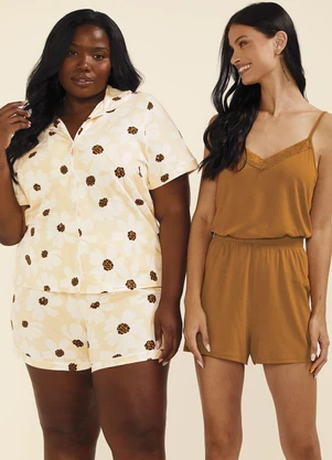 Marialícia - Pijama Curto Feminino Viscose Renda Marrom - MARIALÍCIA