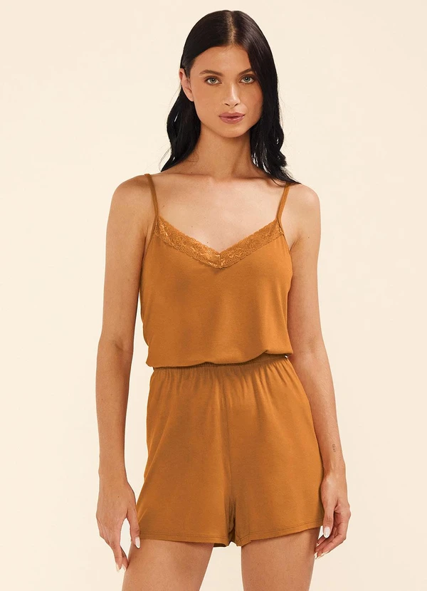 Marialícia - Pijama Curto Feminino Viscose Renda Marrom