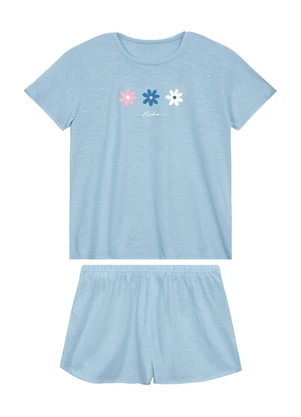 Malwee - Pijama Curto Floral Fio a Fio Azul Claro - MALWEE