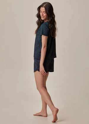 Malwee - Pijama Curto Floral Fio a Fio Azul Marinho - MALWEE