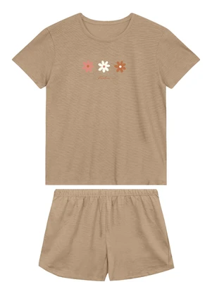 Malwee - Pijama Curto Floral Fio a Fio Mocha Mousse - MALWEE