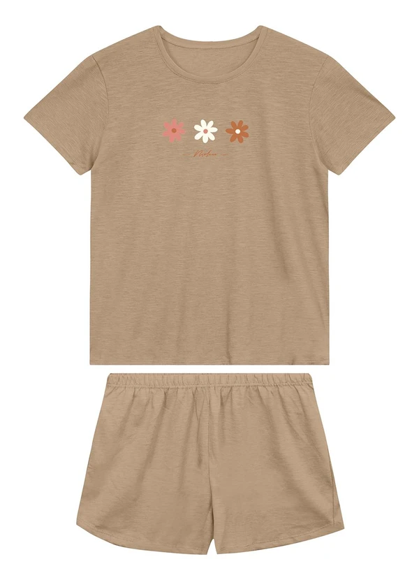 Malwee - Pijama Curto Floral Fio a Fio Mocha Mousse