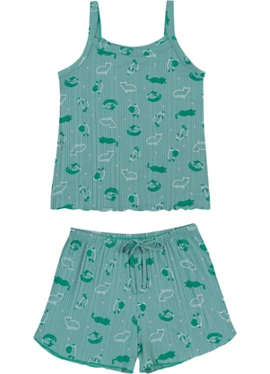 Malwee - Pijama Curto Gatinhos em Viscose Canelada Verde - MALWEE