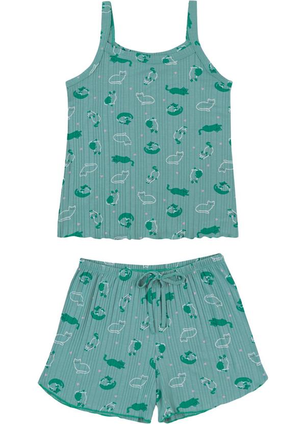 Malwee - Pijama Curto Gatinhos em Viscose Canelada Verde