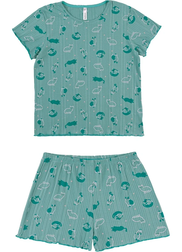 Malwee - Pijama Curto Gatinhos em Viscose Canelada Verde