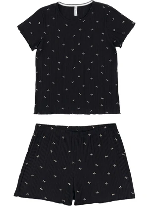 Malwee - Pijama Curto Lacinhos em Viscose Canelada Preto - MALWEE