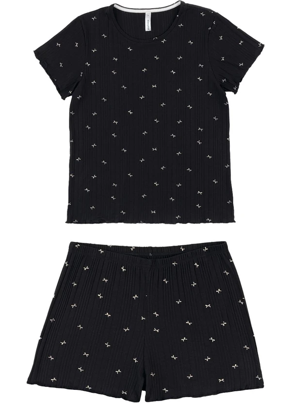 Malwee - Pijama Curto Lacinhos em Viscose Canelada Preto