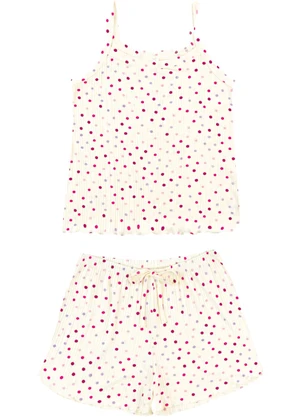 Malwee - Pijama Curto Poá em Viscose Canelada Off White - MALWEE