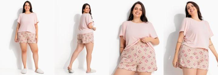 Pijama Curto Rosa Claro em Malha Suede
