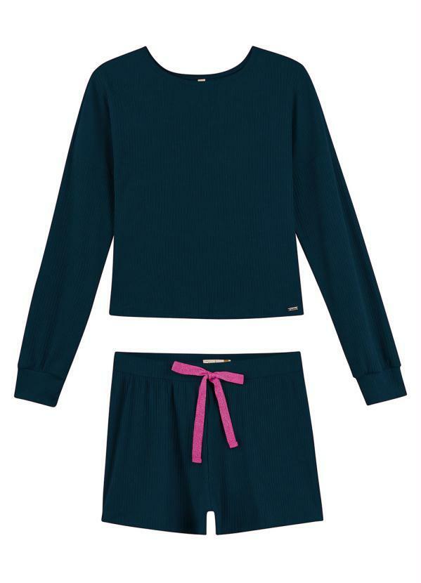 Marialícia - Pijama Feminino Adulto Blusa e Shorts Azul