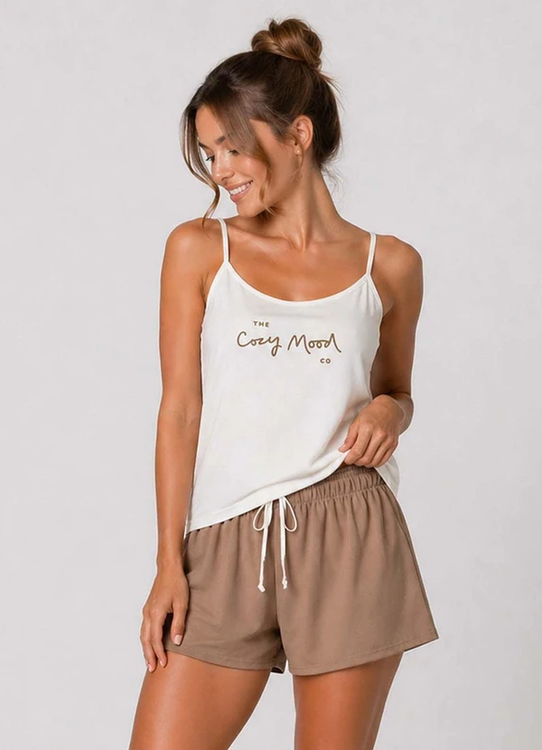 Infinita Cor - Pijama Feminino Blusa de Alça e Short Marrom