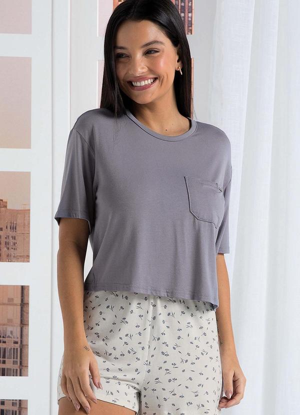 Marialícia - Pijama Feminino Blusa e Short Floral Cinza