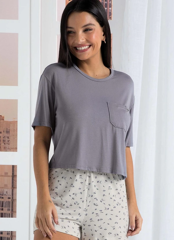 Marialícia - Pijama Feminino Blusa e Short Floral Cinza 1