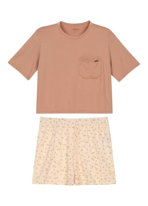 Marialícia - Pijama Feminino Blusa e Short Floral Marrom - MARIALÍCIA