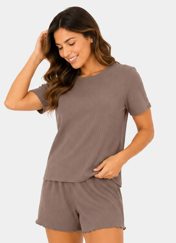 Select - Pijama Feminino Canelado Marrom
