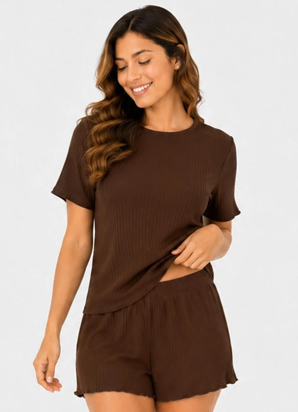 Select - Pijama Feminino Canelado Marrom