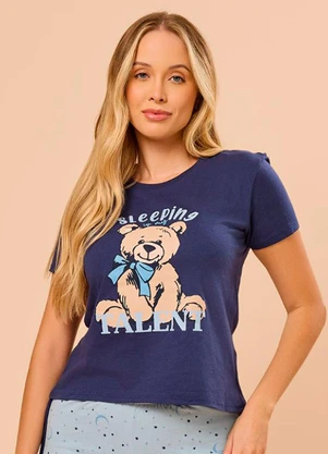 Rovitex - Pijama Feminino Manga Curta Meia Malha Azul - ROVITEX