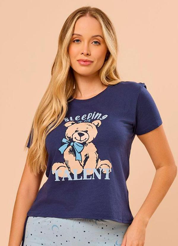 Rovitex - Pijama Feminino Manga Curta Meia Malha Azul