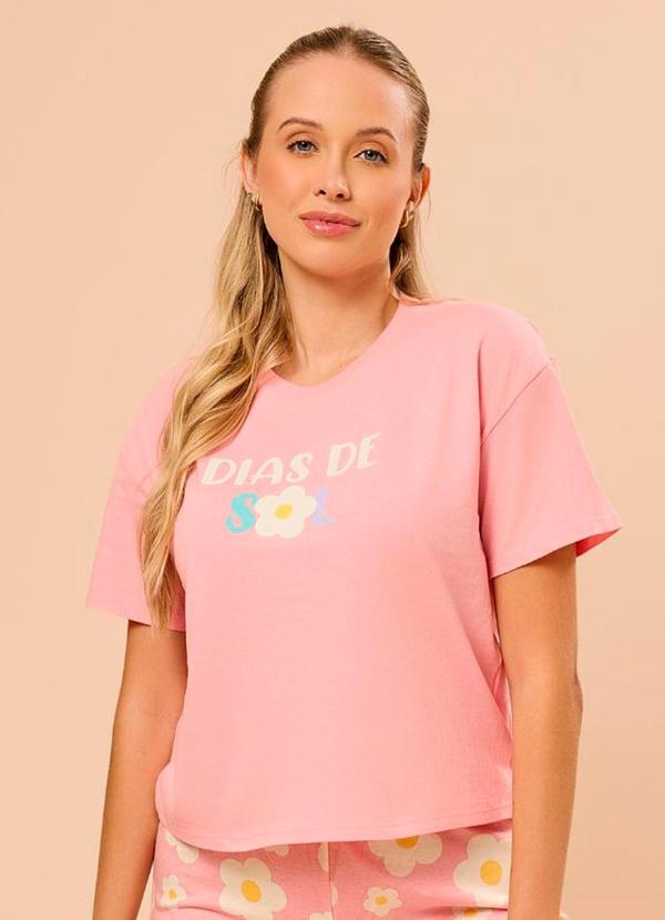 Rovitex - Pijama Feminino Manga Curta Meia Malha Rosa